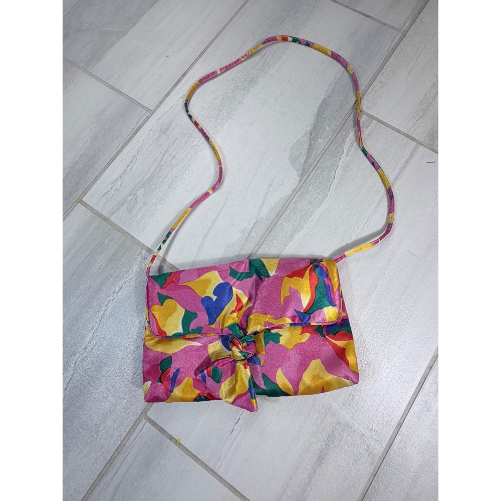 J. Renee Vintage Satin Crossbody Bag Abstract Floral Pink Yellow Blue Multi